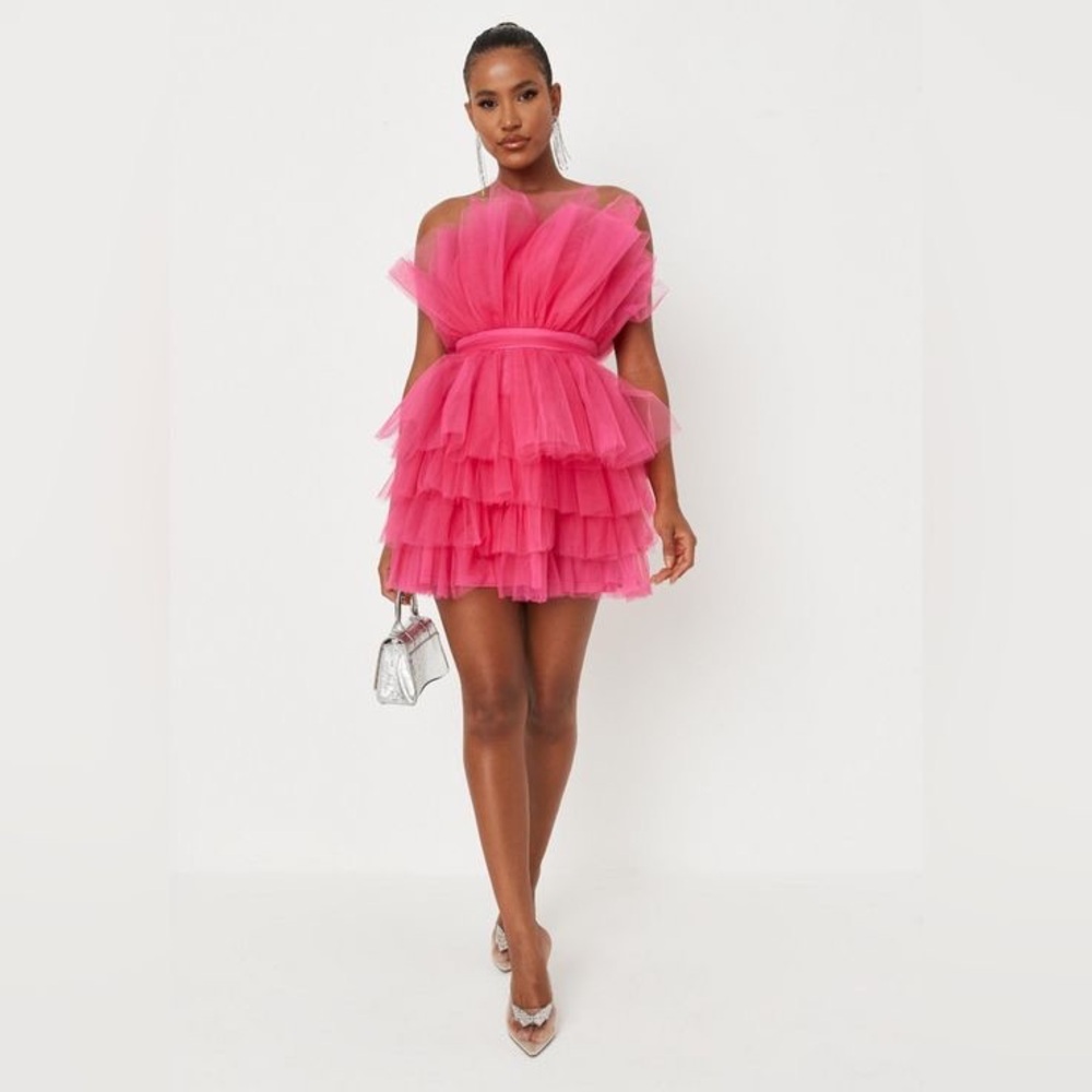 Missguided Pink Tulle Ruffle Dress